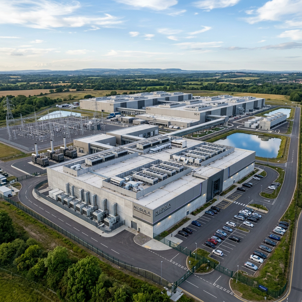 A large data center facility with multiple connected buildings, cooling units, parking lot, and surrounding ponds